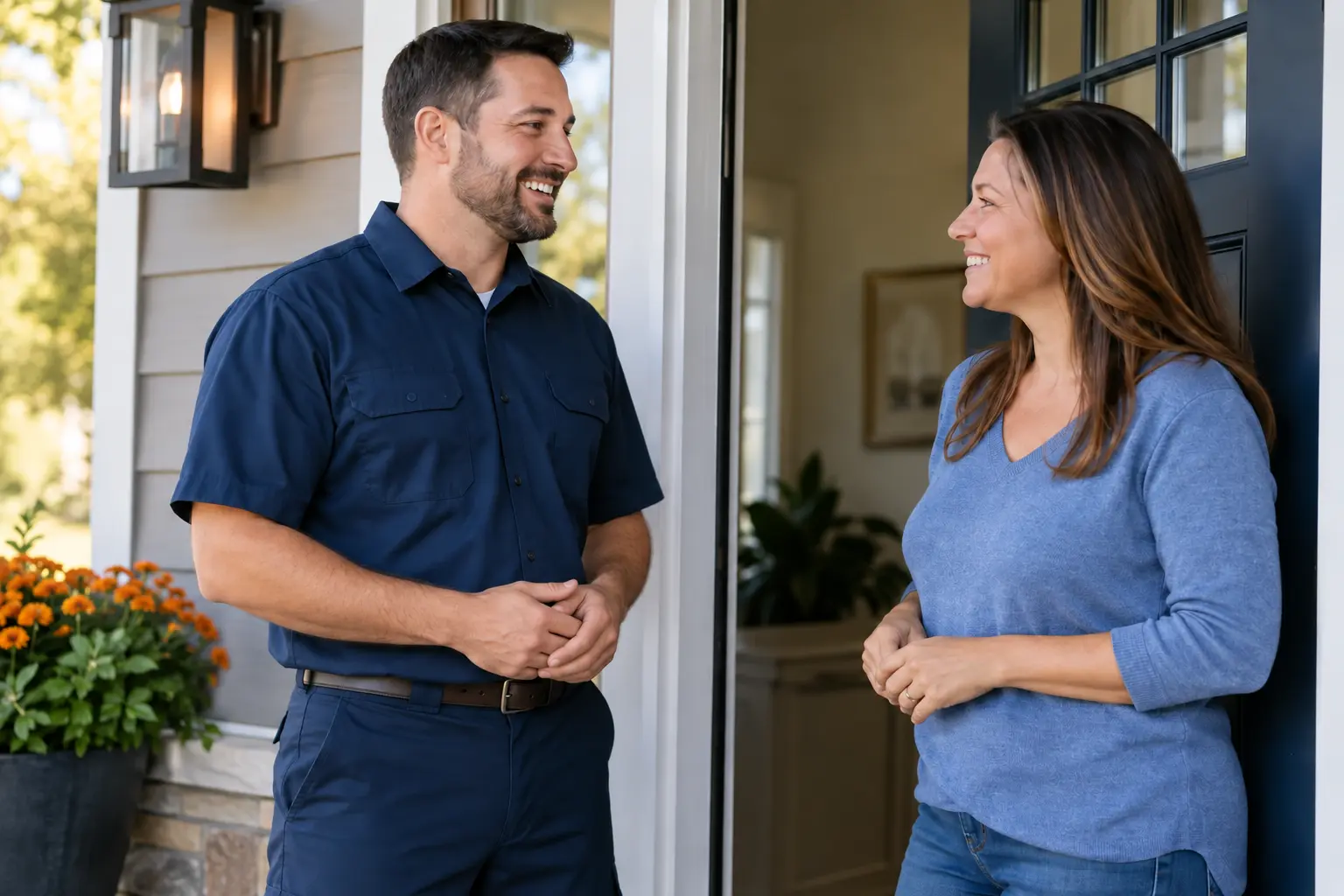 A home-service professional and homeowner sharing a friendly conversation at the front door